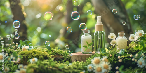 A whimsical forest scene where bubbles are floating around skincare products. photo