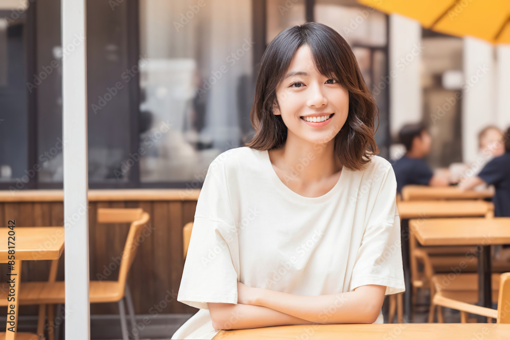 休日にカフェで過ごす女性 休日にカフェで過ごす女性