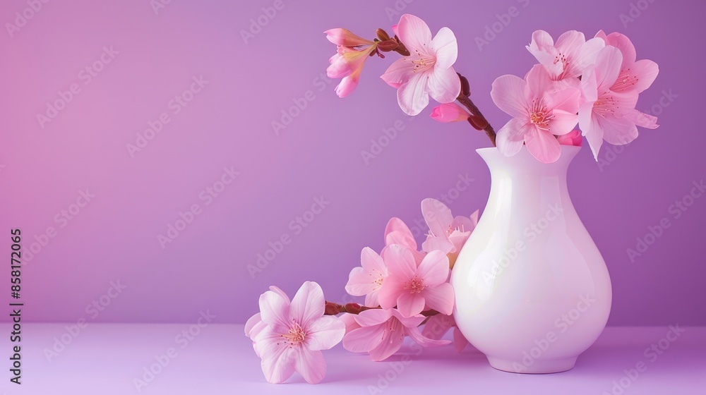 Pink flowers next to a white vase on a purple background single flowers placed near the vase Pink flowers next to a white vase on a purple background single flowers placed near the vase