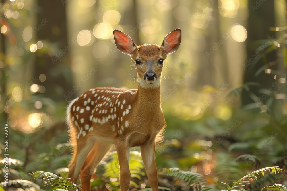 A spotted fawn standing in a sun-dappled forest clearing, surrounded by tall trees and ferns. The fawn is looking directly at the camera with wide eyes A spotted fawn standing in a sun-dappled forest clearing, surrounded by tall trees and ferns. The fawn is looking directly at the camera with wide eyes