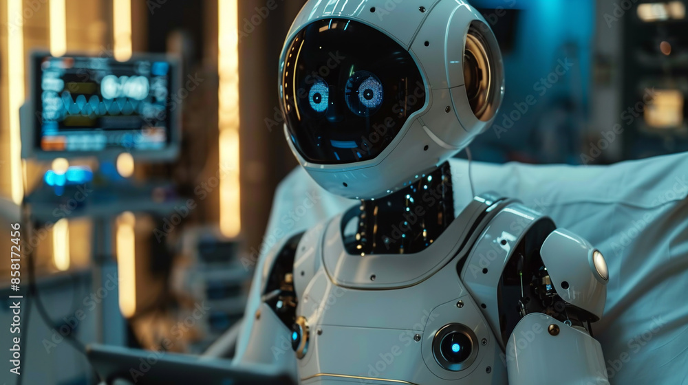 A robot doctor in a hospital room with a tablet in his hands against the background of a hospital room. Future technology concept. A robot doctor in a hospital room with a tablet in his hands against the background of a hospital room. Future technology concept.