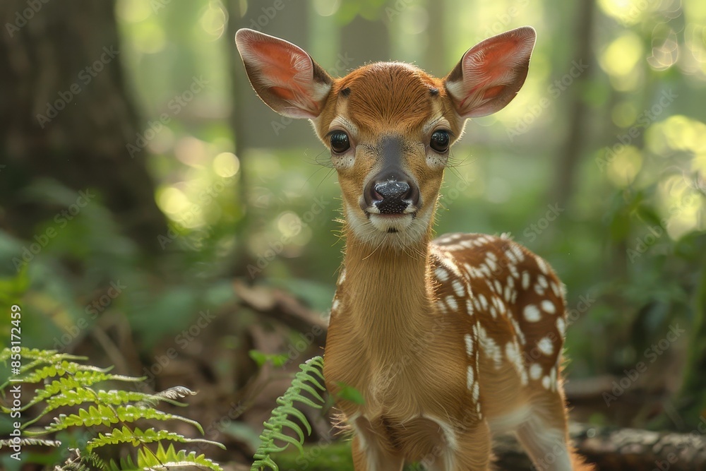 A spotted fawn standing in a sun-dappled forest clearing, surrounded by tall trees and ferns. The fawn is looking directly at the camera with wide eyes A spotted fawn standing in a sun-dappled forest clearing, surrounded by tall trees and ferns. The fawn is looking directly at the camera with wide eyes