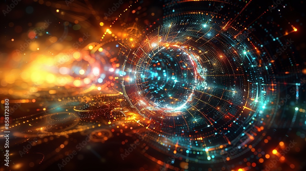 Mesmerizing abstract image of quantum electrons within a technological framework, using vivid colors and intricate patterns to convey a sense of energy and futuristic innovation. Illustration, Mesmerizing abstract image of quantum electrons within a technological framework, using vivid colors and intricate patterns to convey a sense of energy and futuristic innovation. Illustration,