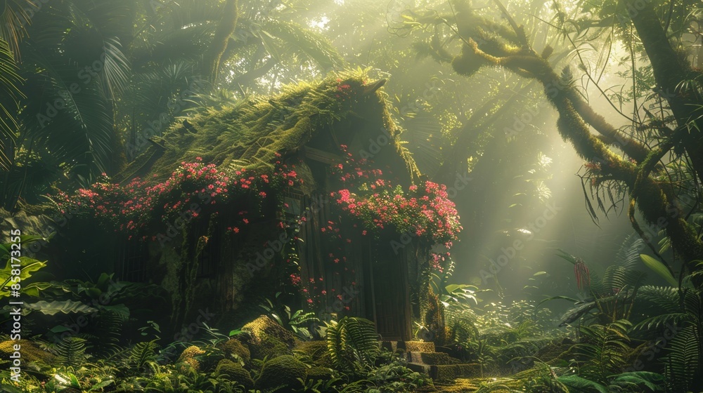A little mysterious cabin house in deep tropical rainforest with green plants, moss, ferns. A little mysterious cabin house in deep tropical rainforest with green plants, moss, ferns.