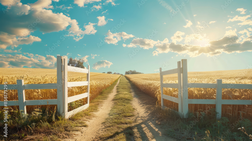 Open white gate leading to golden wheat field under summer sky Open white gate leading to golden wheat field under summer sky