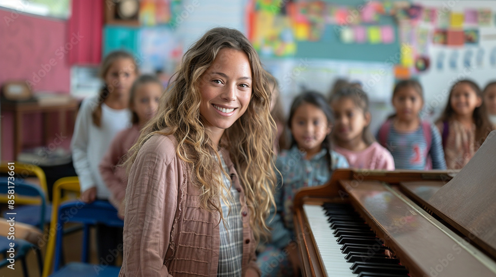 A music teacher playing the piano in a class of elementary school children. A music teacher playing the piano in a class of elementary school children.
