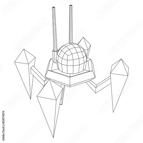 Spider robot with radar antenna. Nanobot, nanotechnology medical concept. Wireframe low poly mesh vector illustration