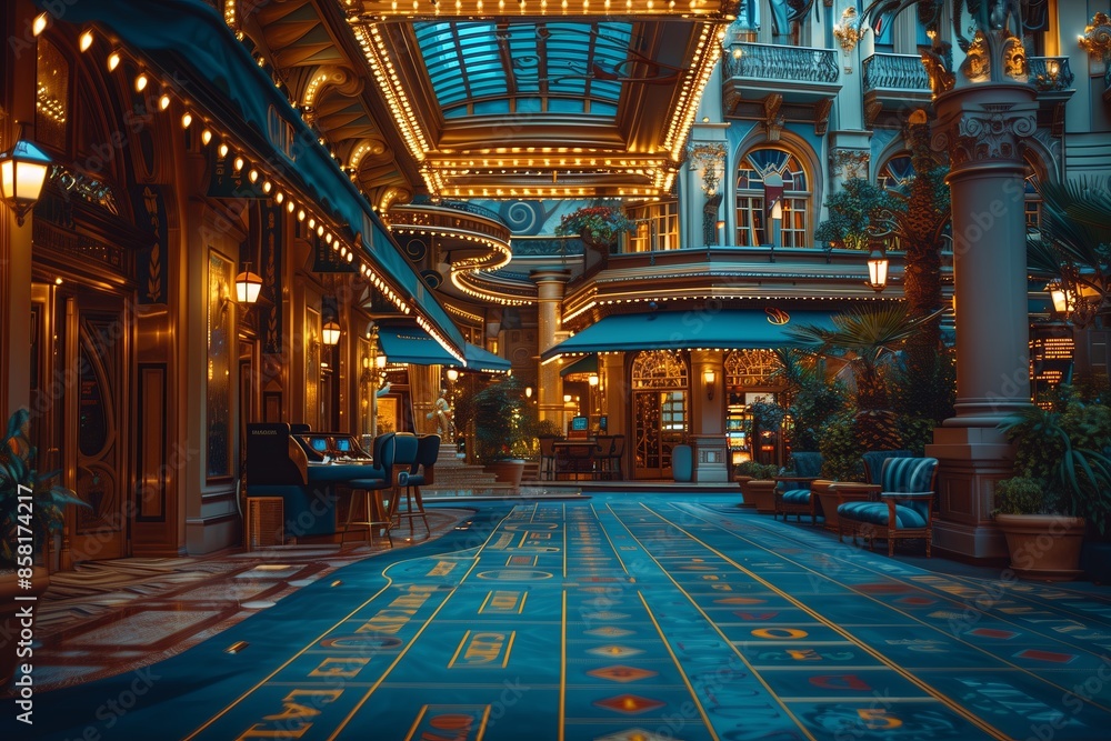 Obraz premium Luxury casino interior with roulette table and chairs. 3D rendering