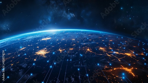 A stunning visualization showing Earth's illuminated cities at night, enhanced with a digital network overlay against the backdrop of a mesmerizing galaxy.