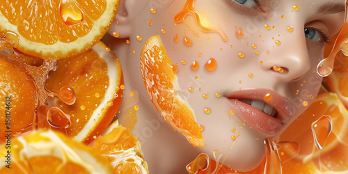 An artistic representation of antioxidant-rich skincare products transforming the skin. photo