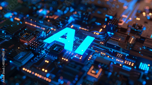  3D rendering of "AI" text on chip with colorful light streaks flying around, on a black background. The concept symbolizes the evolution and power of artificial intelligence technology in data scienc © Possibility Pages