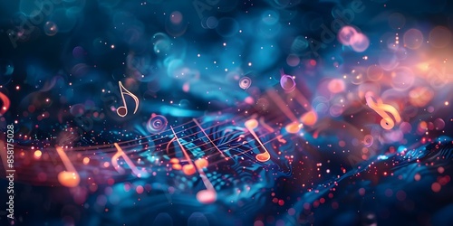 Musical symbols overlay blurred lights creating harmony and creativity in abstract art. Concept Abstract Art, Musical Symbols, Blurred Lights, Harmony, Creativity