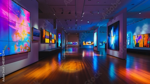 contemporary art gallery with a dynamic layout, movable display walls, and integrated multimedia installations for interactive visitor experiences photo