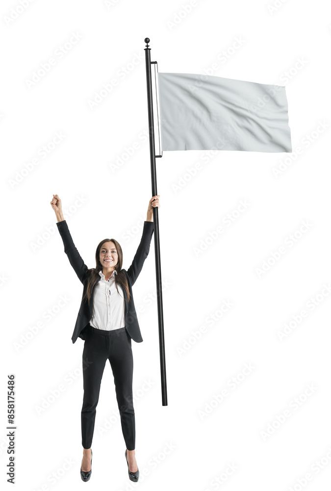 A woman in business attire joyfully raises her arms, holding a blank flag, on a white background, concept of achievement A woman in business attire joyfully raises her arms, holding a blank flag, on a white background, concept of achievement