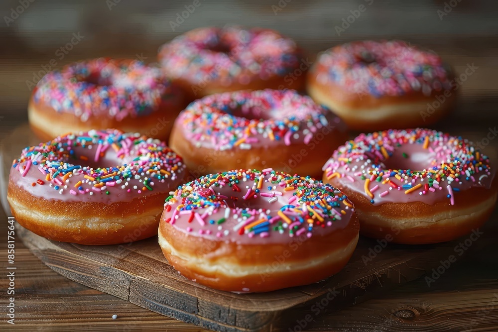 A stack of freshly made donuts covered in pink glaze and rainbow sprinkles, arranged on a rustic wooden table. A stack of freshly made donuts covered in pink glaze and rainbow sprinkles, arranged on a rustic wooden table.