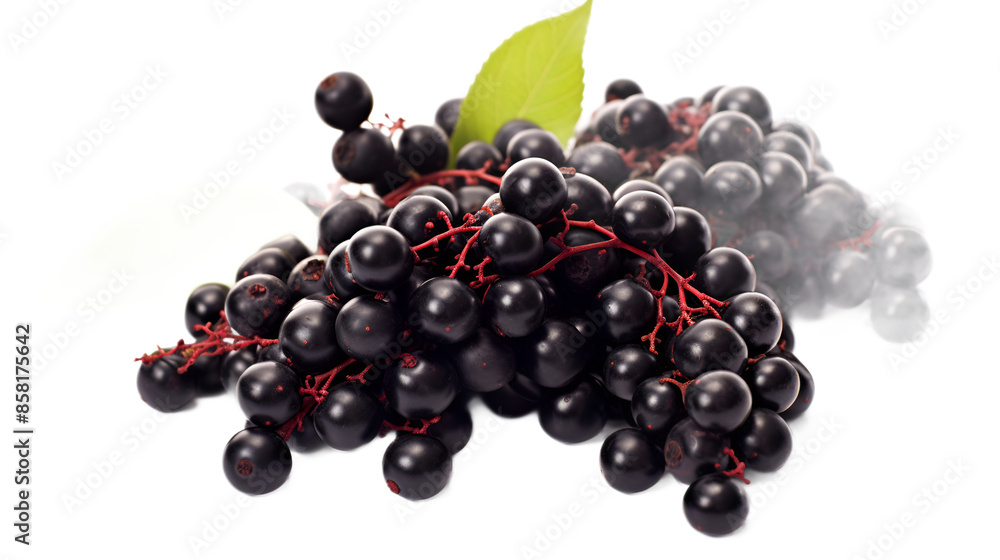 a bunch of black berries with a green leaf on a white background a bunch of black berries with a green leaf on a white background