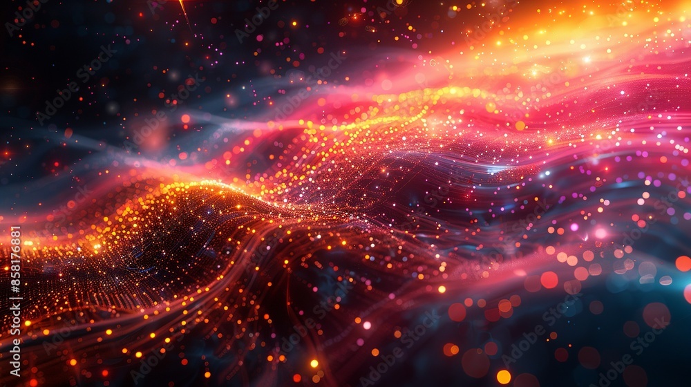 Obraz premium Vivid abstract image illustrating the interaction of quantum electrons within advanced scientific technology, featuring bold colors and dynamic patterns that capture the essence of innovation.