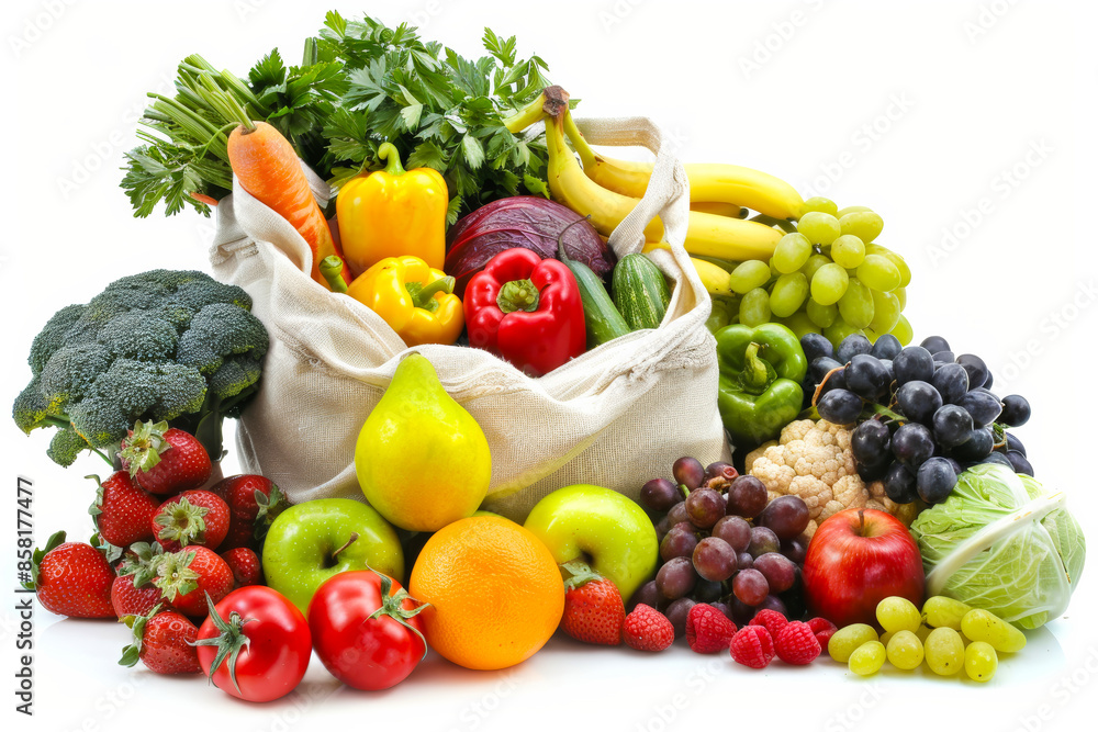 Fresh fruits and vegetables in abundance in grocery bag, promoting healthy diet Fresh fruits and vegetables in abundance in grocery bag, promoting healthy diet