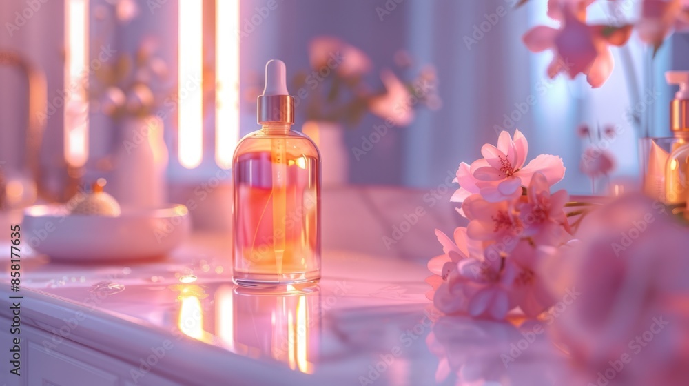 A beautifully lit glass dropper bottle on a marble countertop, surrounded by delicate pink flowers in a serene bathroom environment. A beautifully lit glass dropper bottle on a marble countertop, surrounded by delicate pink flowers in a serene bathroom environment.