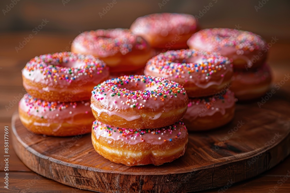 A stack of freshly made donuts covered in pink glaze and rainbow sprinkles, arranged on a rustic wooden table. A stack of freshly made donuts covered in pink glaze and rainbow sprinkles, arranged on a rustic wooden table.