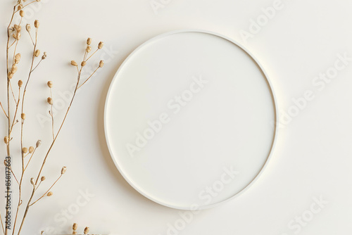 A round white plate next to a dried plant. minimalistic. photo