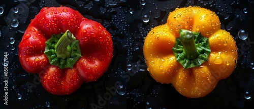 A bold red capsicum and its halved counterpart stand out against a dark, textured surface, highlighting their crispness and rich color for a dramatic effect.
