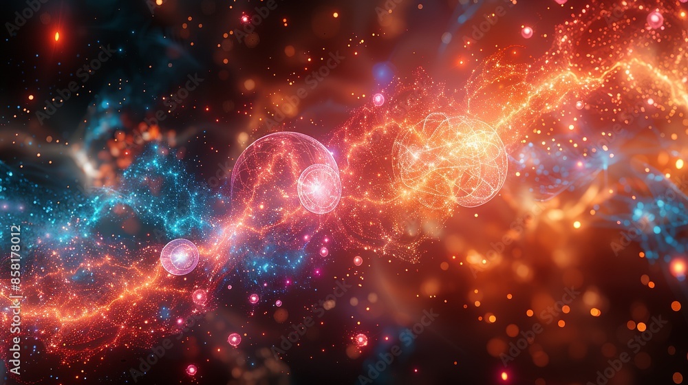Enchanting abstract illustration of quantum electrons, integrating scientific technology with intricate designs and vibrant colors to create a visually stunning artwork. Illustration, Minimalism, Enchanting abstract illustration of quantum electrons, integrating scientific technology with intricate designs and vibrant colors to create a visually stunning artwork. Illustration, Minimalism,