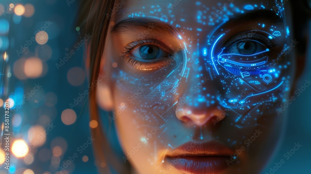 Close-up face of woman with digital interface, representing advanced technology ai and futuristic, facial woman and innovation with hologram, tech and intelligence of future. Close-up face of woman with digital interface, representing advanced technology ai and futuristic, facial woman and innovation with hologram, tech and intelligence of future.