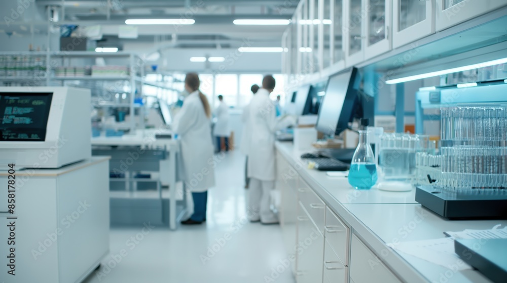 scientists in a laboratory discussing a research project with various scientific equipment in the background. scientists in a laboratory discussing a research project with various scientific equipment in the background.