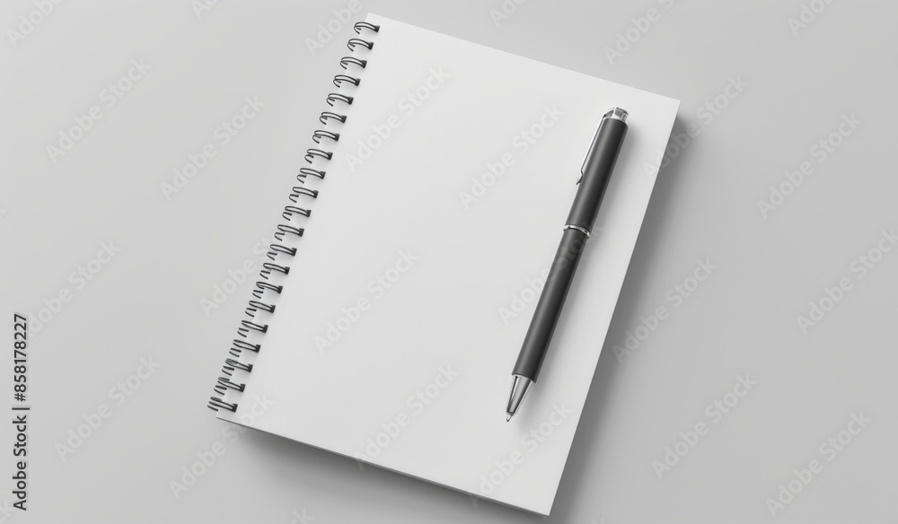 Obraz premium Pen and paper, spiral notebook with a blank white page, photography, minimalist