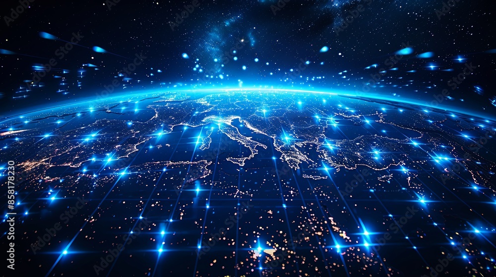 A luminous view from space highlighting Earth's glowing blue network with a focus on Europe, demonstrating the dense web of connections in a digital world. A luminous view from space highlighting Earth's glowing blue network with a focus on Europe, demonstrating the dense web of connections in a digital world.