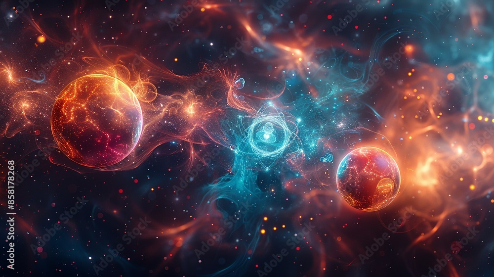 Futuristic abstract artwork depicting quantum electrons, combining elements of scientific technology with vibrant colors and intricate patterns, creating a visually captivating and innovative image. Futuristic abstract artwork depicting quantum electrons, combining elements of scientific technology with vibrant colors and intricate patterns, creating a visually captivating and innovative image.