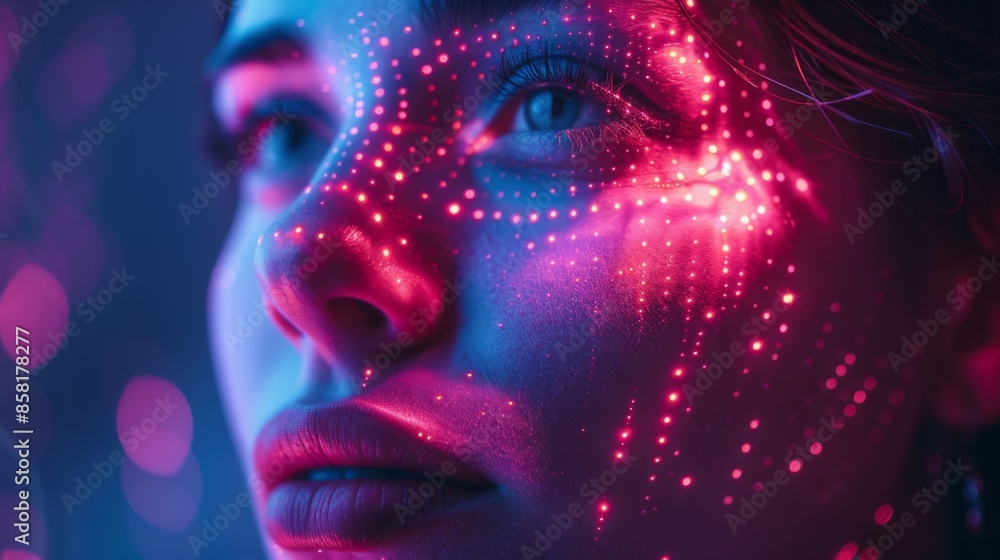Close-up of a human face with digital interface overlay, representing futuristic AI technology and innovation. Close-up of a human face with digital interface overlay, representing futuristic AI technology and innovation.