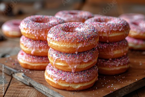 A stack of freshly made donuts covered in pink glaze and rainbow sprinkles, arranged on a rustic wooden table. 