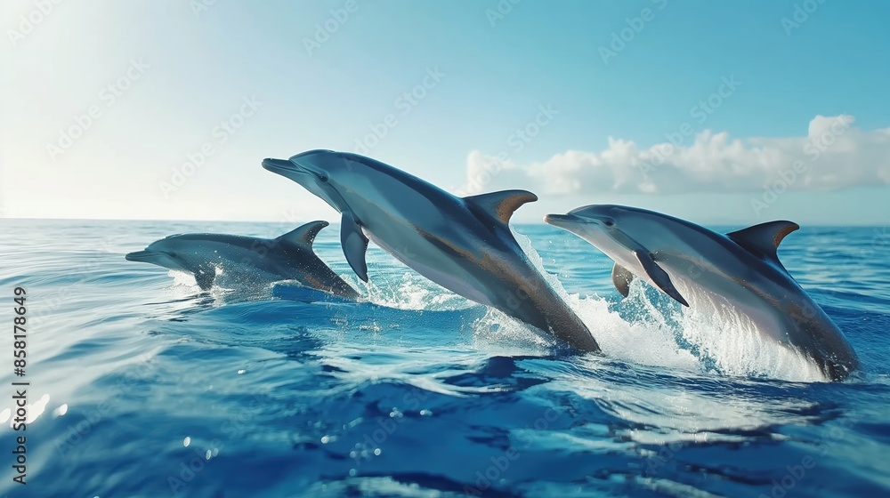 Obraz premium a group of dolphins swimming and playing in the ocean.