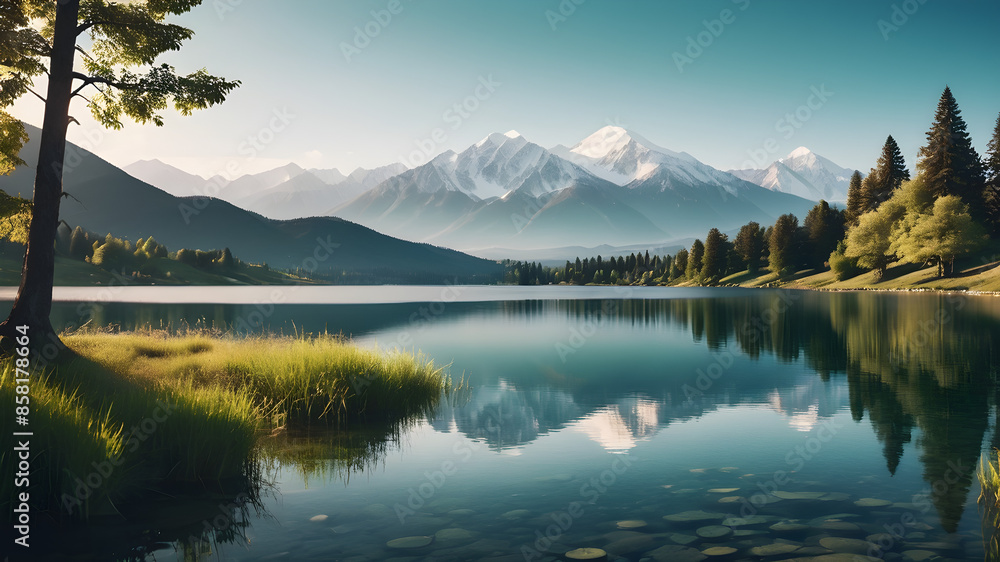 a landscape with a serene lake and distant mountains. a landscape with a serene lake and distant mountains.