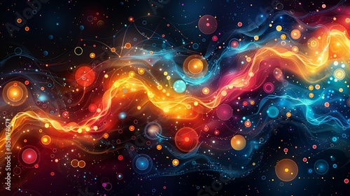 Futuristic abstract illustration of quantum electrons, combining elements of scientific technology with vibrant colors and intricate patterns, evoking a sense of energy and modern innovation.