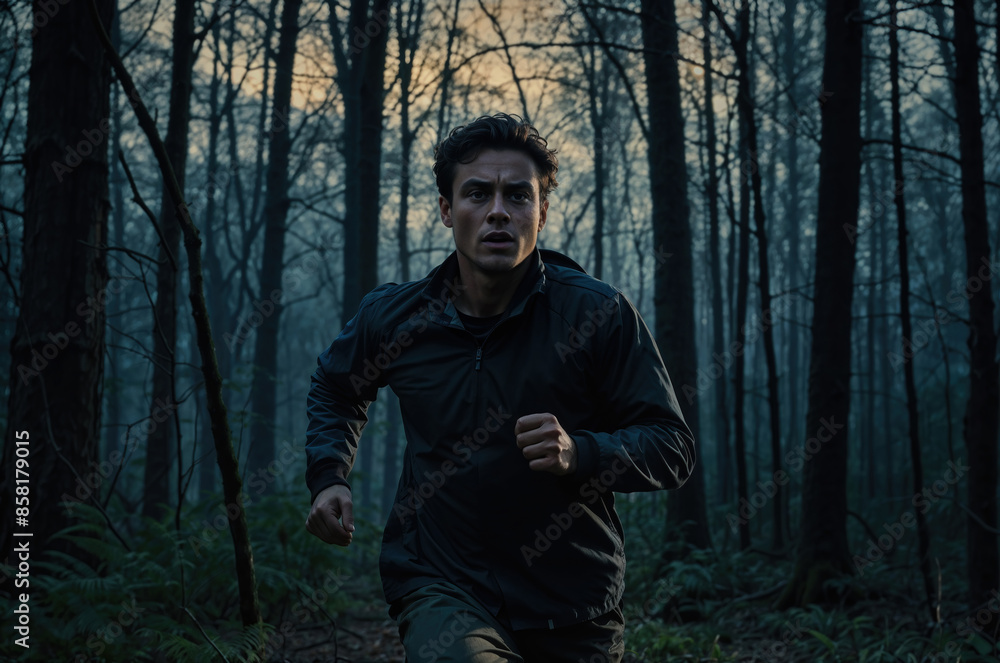 Determined athlete is running through a dark forest at dawn, pushing his limits and striving for greatness Determined athlete is running through a dark forest at dawn, pushing his limits and striving for greatness