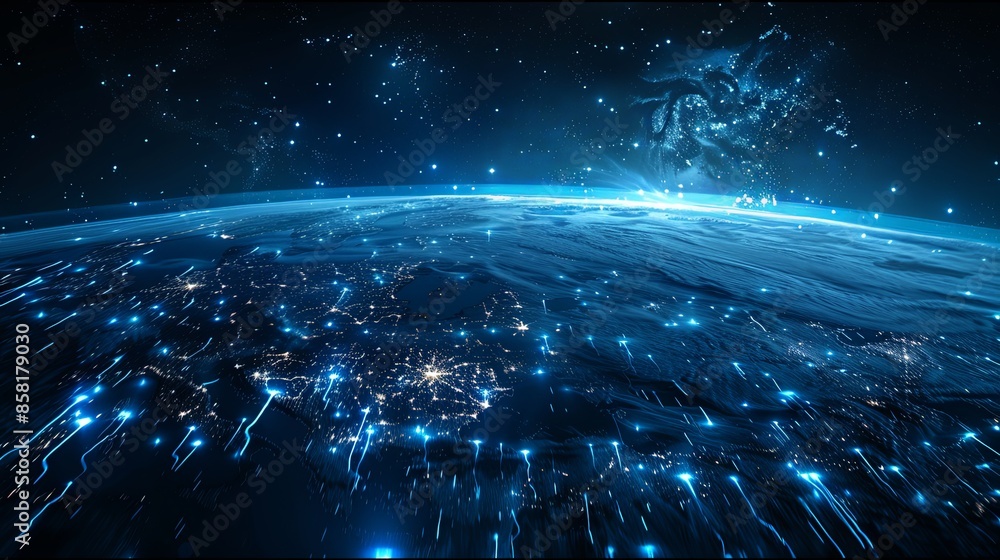 A captivating image of Earth, illuminated by blue lights, set against a backdrop of stars in deep space. This image represents cosmic beauty and technological progress. A captivating image of Earth, illuminated by blue lights, set against a backdrop of stars in deep space. This image represents cosmic beauty and technological progress.