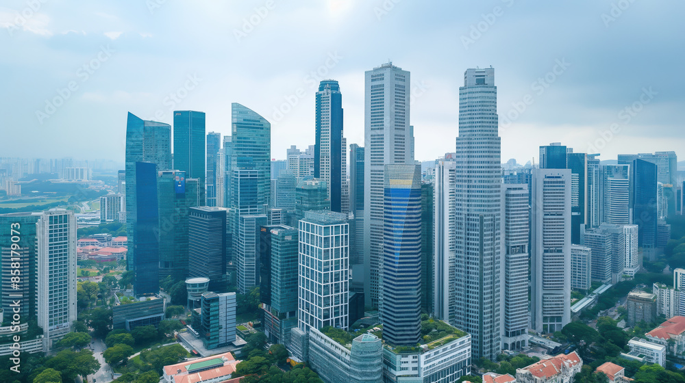 Naklejka premium Drone shot of a corporate skyscraper in a bustling city center.