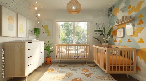 Inside the baby's bedroom with a wardrobe and a baby bed to prevent the baby from falling. interior of nursery 