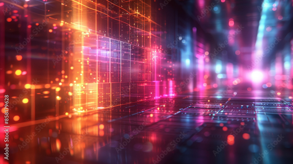 Fototapeta premium Colorful neon lights create an abstract grid pattern, offering a futuristic and vibrant background with blue and pink hues.
