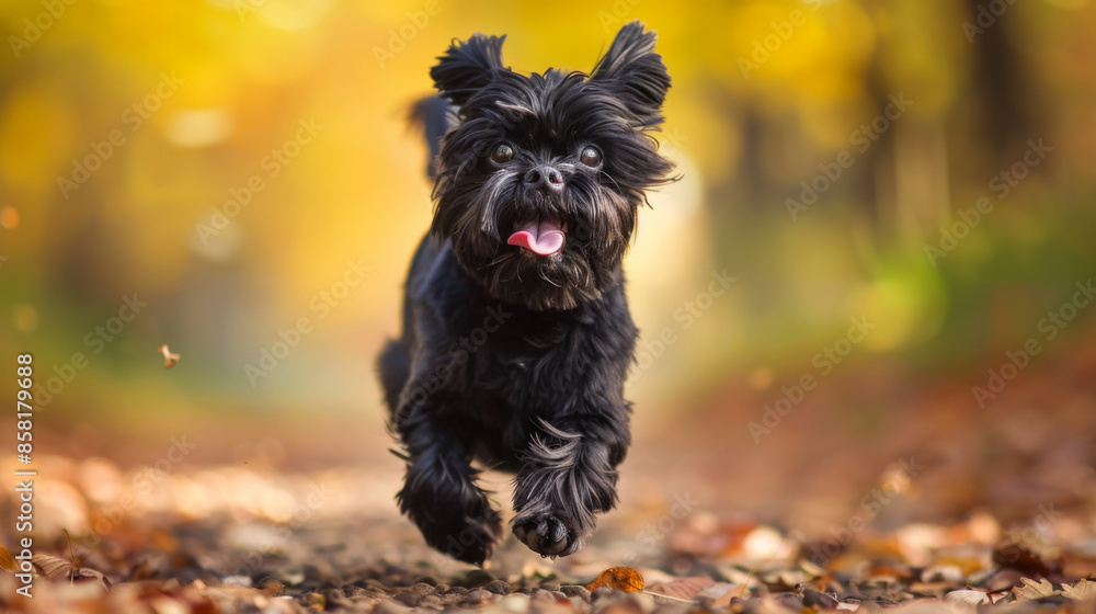 A black dog is running on a dirt path to eat A black dog is running on a dirt path to eat