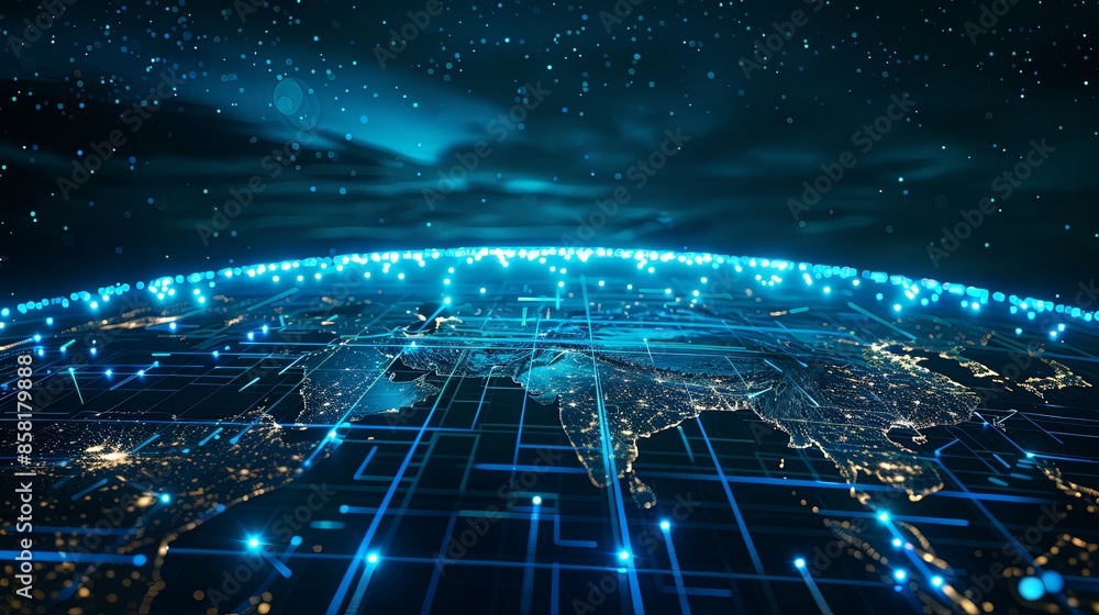 A digital network overlays the Earth in an outer space perspective, highlighting interconnected data points, the digital age, and global communication infrastructure. A digital network overlays the Earth in an outer space perspective, highlighting interconnected data points, the digital age, and global communication infrastructure.