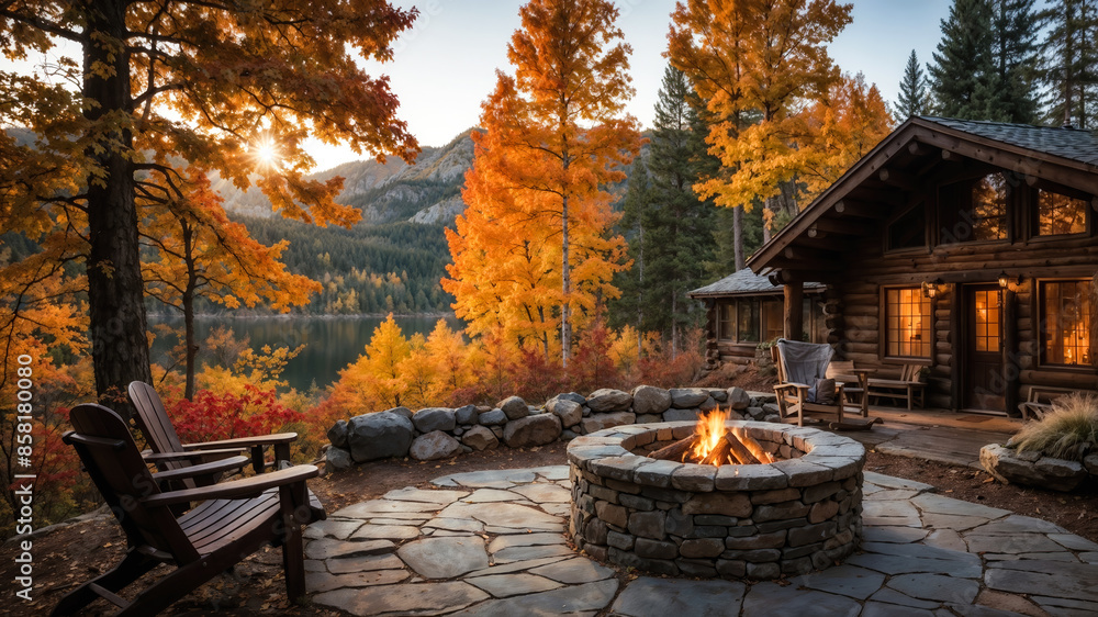 custom made wallpaper toronto digitalCozy log cabin with fire pit overlooking lake in autumn