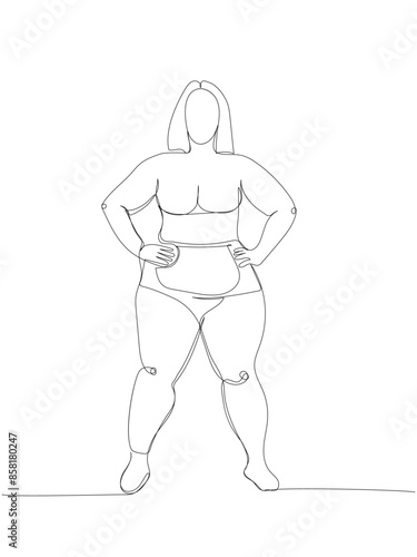 fat girl in lingerie posing one line art. Continuous line drawing of body positive, overweight, plus size model, XL, health, fashion, self acceptance.