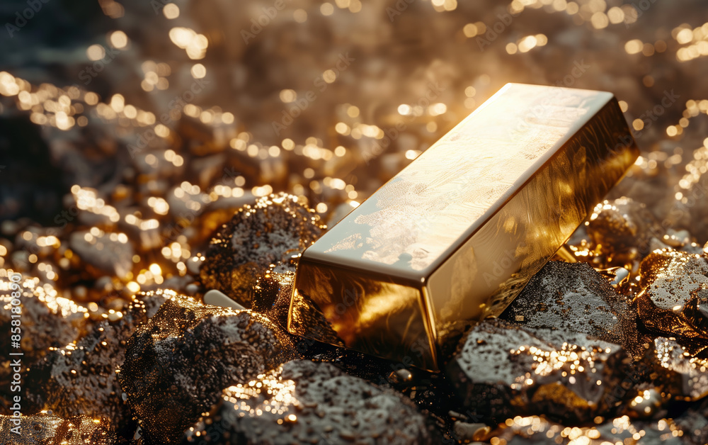 Gold bar resting on gold rocks with water reflecting golden light Gold bar resting on gold rocks with water reflecting golden light