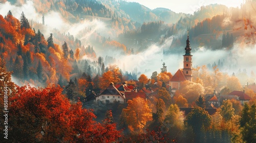 Foggy mountain with colorful Autumn forest and church bell tower photo