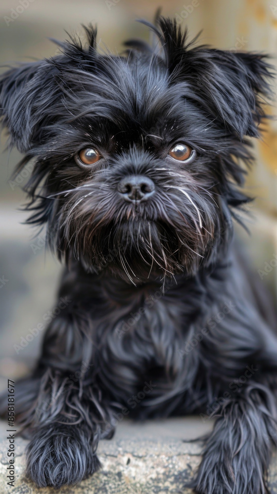 A black dog with a fluffy coat is sitting on a ledge, having rest A black dog with a fluffy coat is sitting on a ledge, having rest