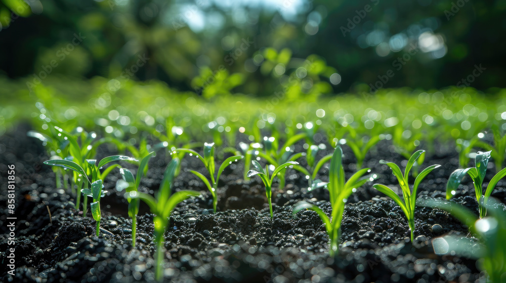 Closeup of young rice seedlings in neat rows Closeup of young rice seedlings in neat rows